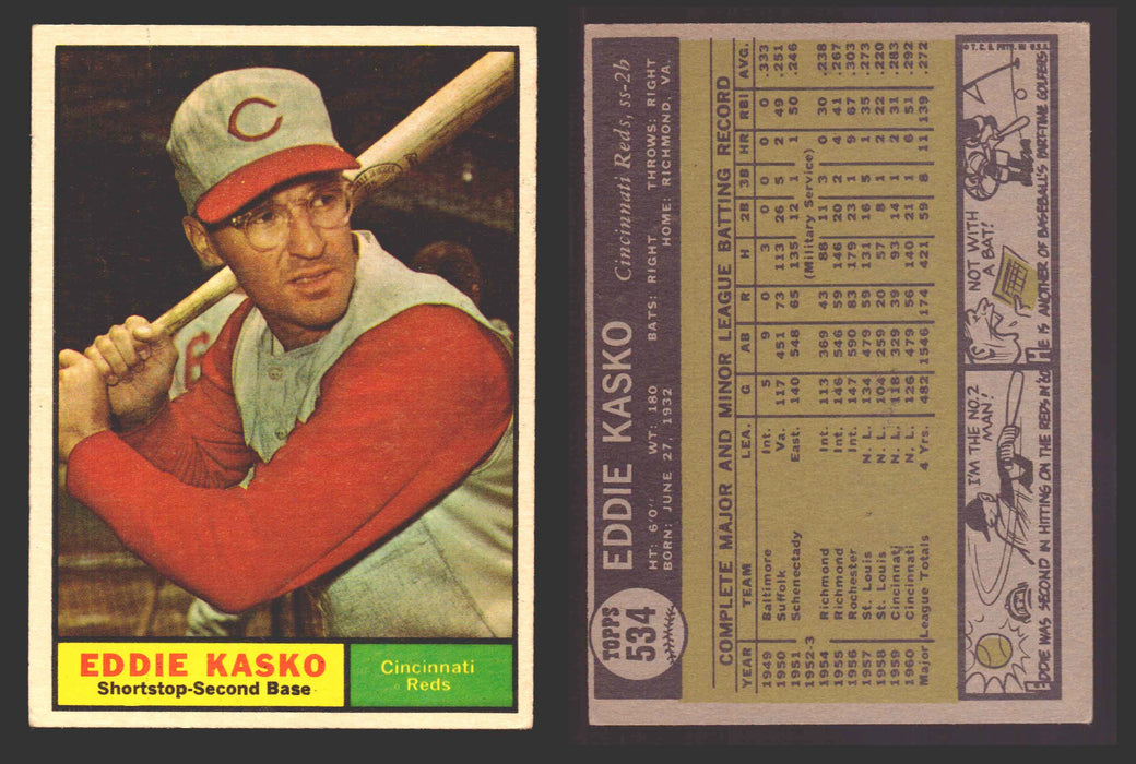 1961 Topps Baseball Trading Card You Pick Singles #500-#589 VG/EX #	534 Eddie Kasko - Cincinnati Reds  - TvMovieCards.com