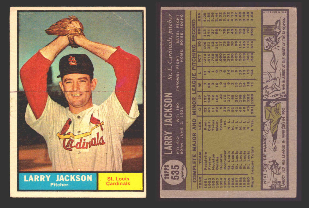 1961 Topps Baseball Trading Card You Pick Singles #500-#589 VG/EX #	535 Larry Jackson - St. Louis Cardinals (creased)  - TvMovieCards.com