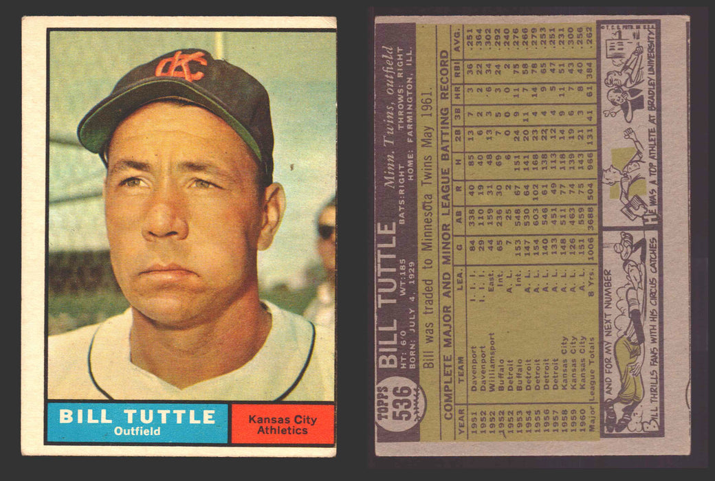 1961 Topps Baseball Trading Card You Pick Singles #500-#589 VG/EX #	536 Bill Tuttle - Kansas City Athletics  - TvMovieCards.com
