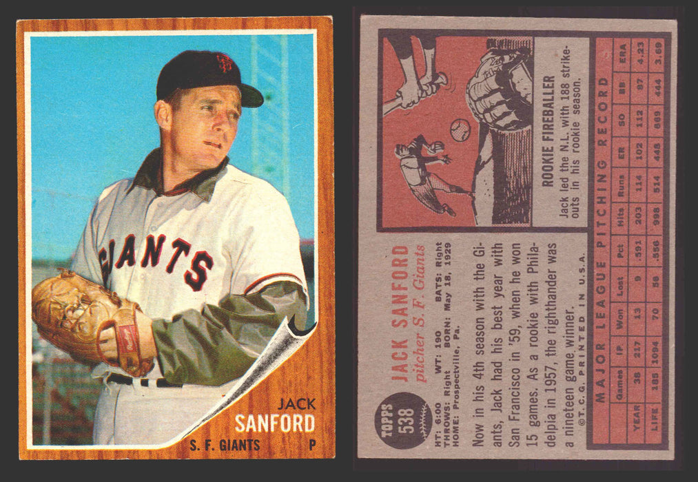 1962 Topps Baseball Trading Card You Pick Singles #500-#598 VG/EX #	538 Jack Sanford - San Francisco Giants  - TvMovieCards.com