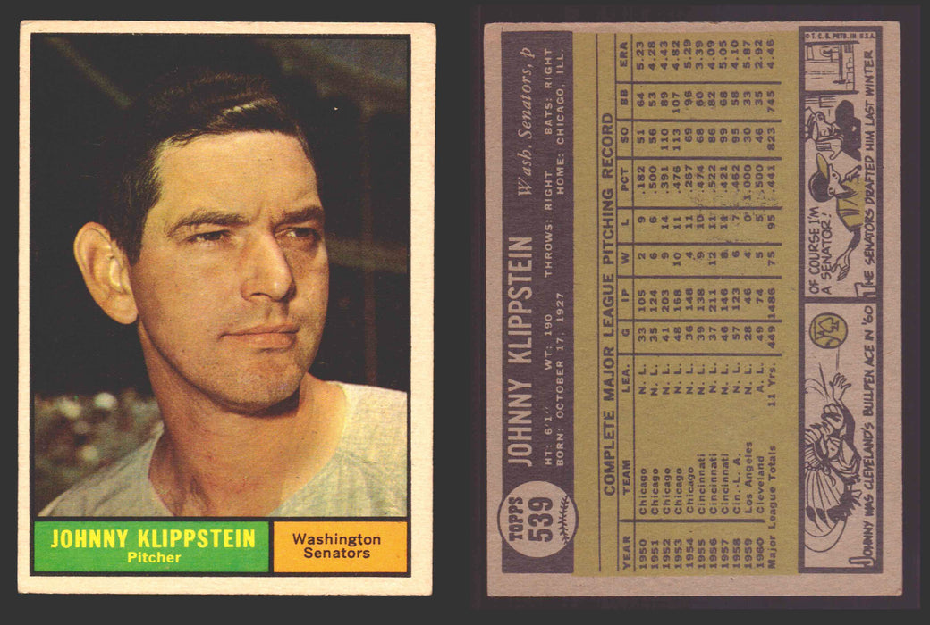 1961 Topps Baseball Trading Card You Pick Singles #500-#589 VG/EX #	539 Johnny Klippstein - Washington Senators  - TvMovieCards.com