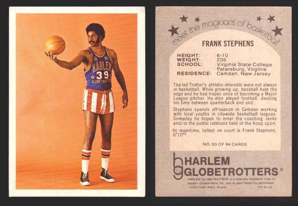 1971 Harlem Globetrotters Fleer Vintage Trading Card You Pick Singles #1-84 53 of 84   Frank Stephens  - TvMovieCards.com