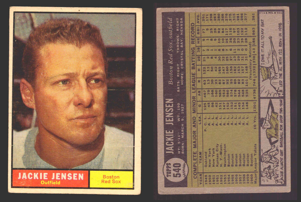 1961 Topps Baseball Trading Card You Pick Singles #500-#589 VG/EX #	540 Jackie Jensen - Boston Red Sox  - TvMovieCards.com