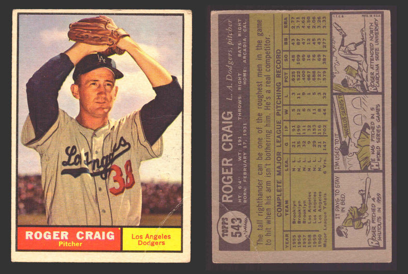 1961 Topps Baseball Trading Card You Pick Singles #500-#589 VG/EX #	543 Roger Craig - Los Angeles Dodgers  (creased)  - TvMovieCards.com