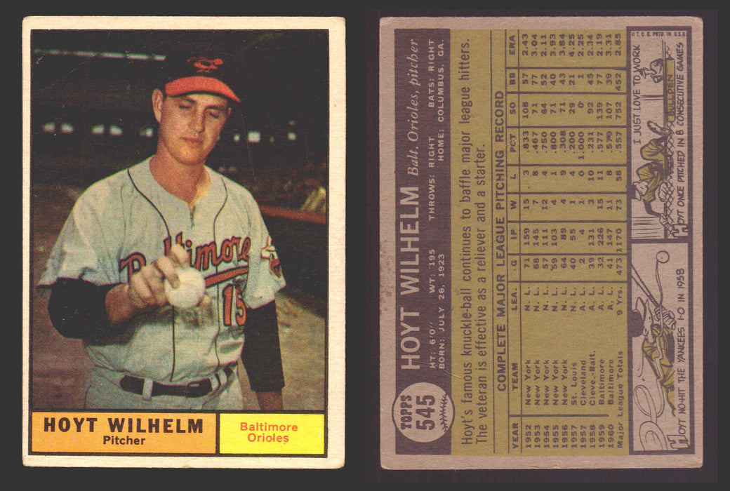 1961 Topps Baseball Trading Card You Pick Singles #500-#589 VG/EX #	545 Hoyt Wilhelm - Baltimore Orioles  - TvMovieCards.com