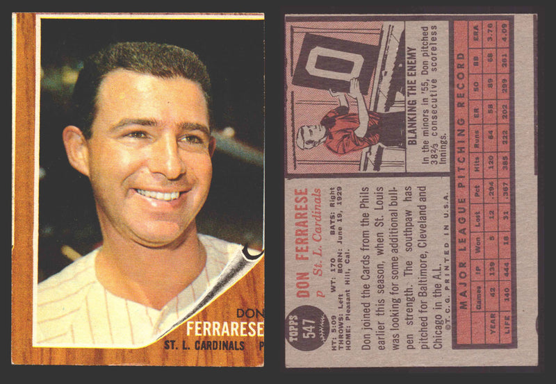 1962 Topps Baseball Trading Card You Pick Singles #500-#598 VG/EX #	547 Don Ferrarese - St. Louis Cardinals  - TvMovieCards.com