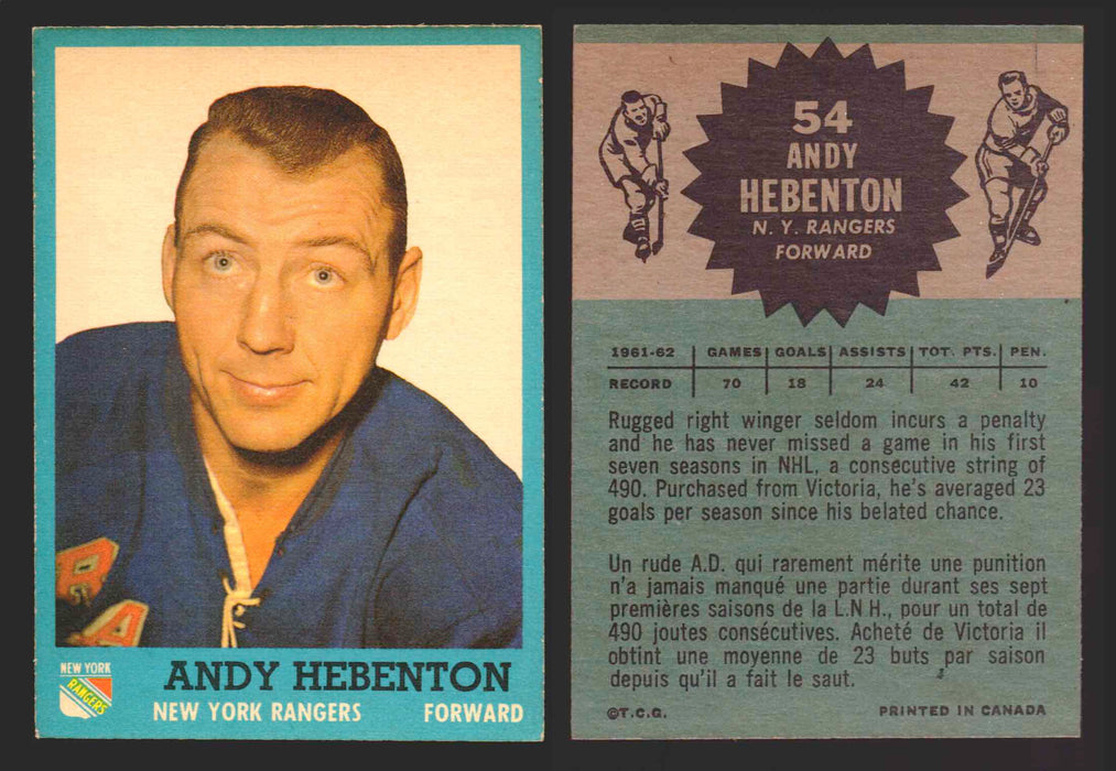 1962-63 Topps Hockey NHL Trading Card You Pick Single Cards #1 - 66 EX/NM #	54 Andy Hebenton  - TvMovieCards.com