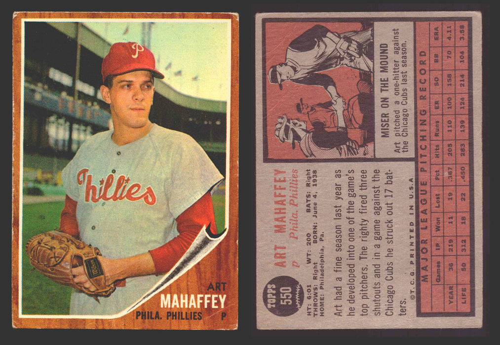 1962 Topps Baseball Trading Card You Pick Singles #500-#598 VG/EX #	550 Art Mahaffey - Philadelphia Phillies SP (creased)  - TvMovieCards.com