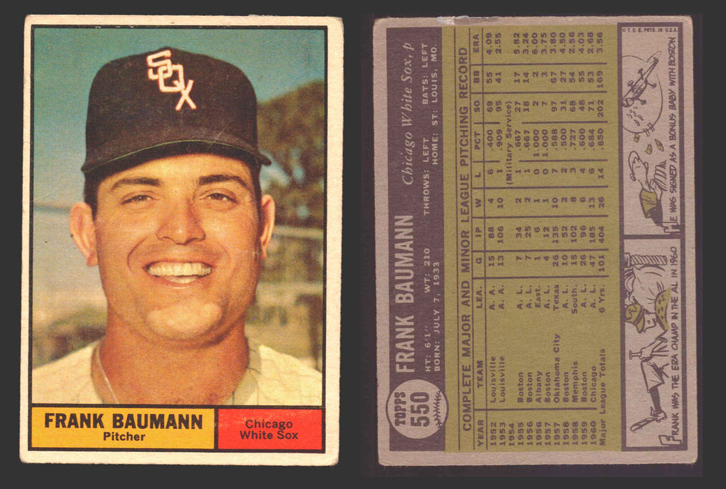 1961 Topps Baseball Trading Card You Pick Singles #500-#589 VG/EX #	550 Frank Baumann - Chicago White Sox (damaged)  - TvMovieCards.com