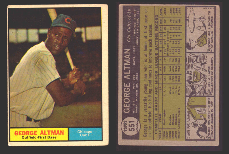 1961 Topps Baseball Trading Card You Pick Singles #500-#589 VG/EX #	551 George Altman - Chicago Cubs  - TvMovieCards.com