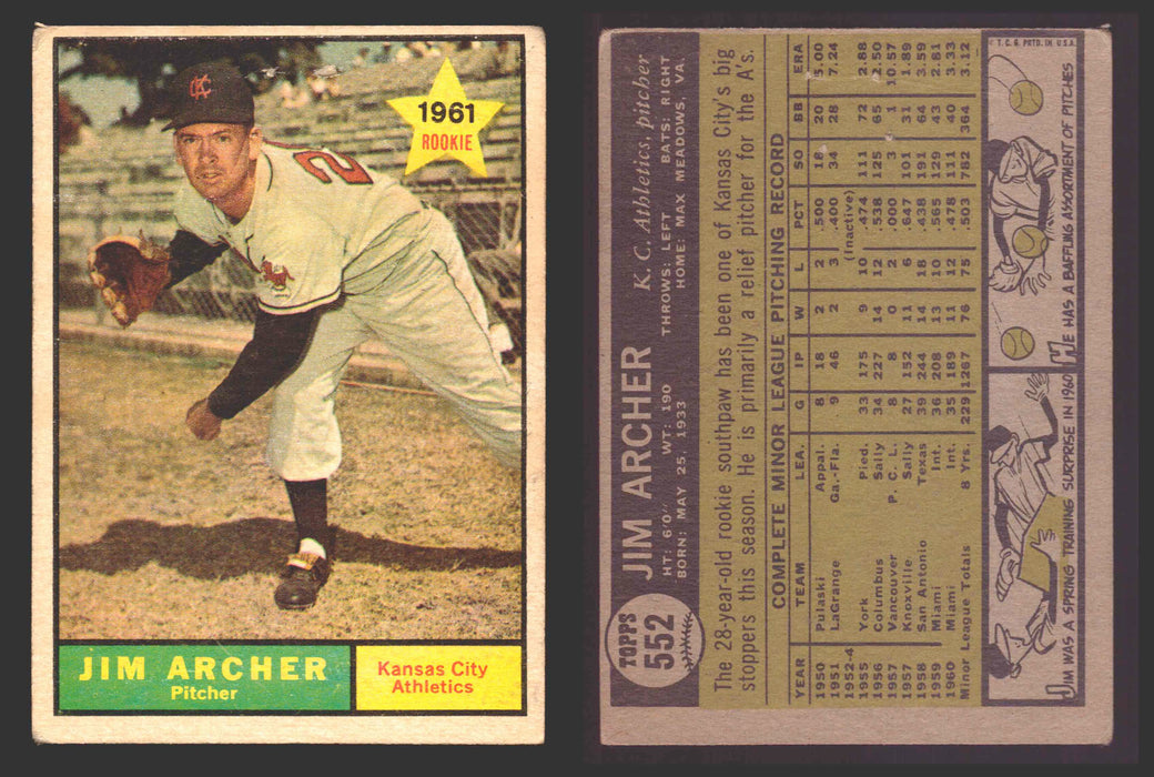 1961 Topps Baseball Trading Card You Pick Singles #500-#589 VG/EX #	552 Jim Aher - Kansas City Athletics RC (damaged)  - TvMovieCards.com