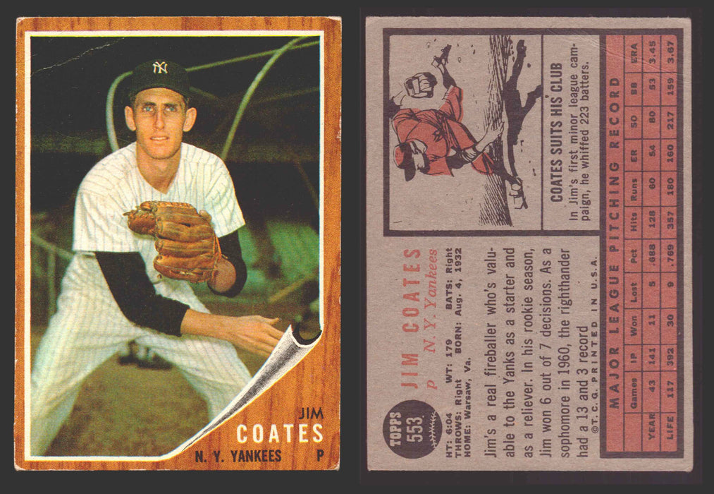 1962 Topps Baseball Trading Card You Pick Singles #500-#598 VG/EX #	553 Jim Coates - New York Yankees (creased)  - TvMovieCards.com
