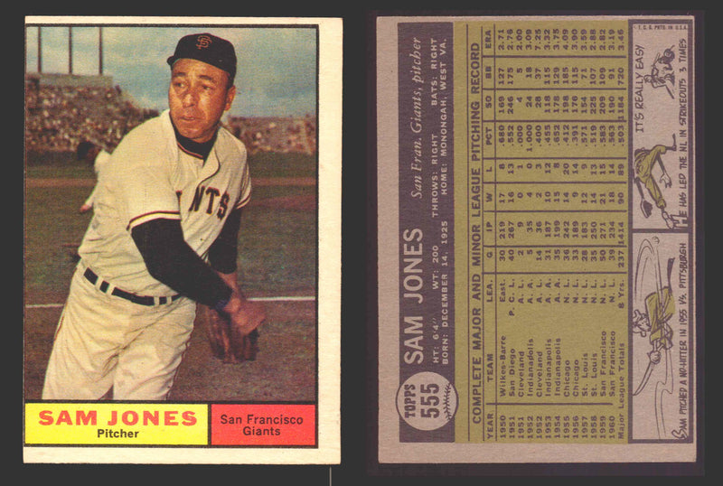 1961 Topps Baseball Trading Card You Pick Singles #500-#589 VG/EX #	555 Sam Jones - San Francisco Giants  - TvMovieCards.com