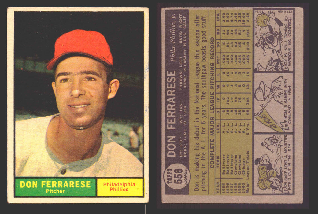 1961 Topps Baseball Trading Card You Pick Singles #500-#589 VG/EX #	558 Don Ferrarese - Philadelphia Phillies  - TvMovieCards.com
