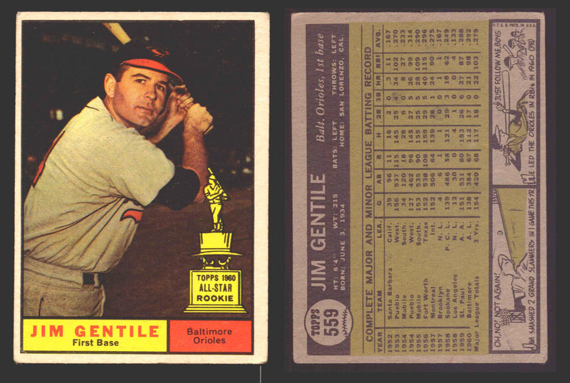 1961 Topps Baseball Trading Card You Pick Singles #500-#589 VG/EX #	559 Jim Gentile - Baltimore Orioles  - TvMovieCards.com