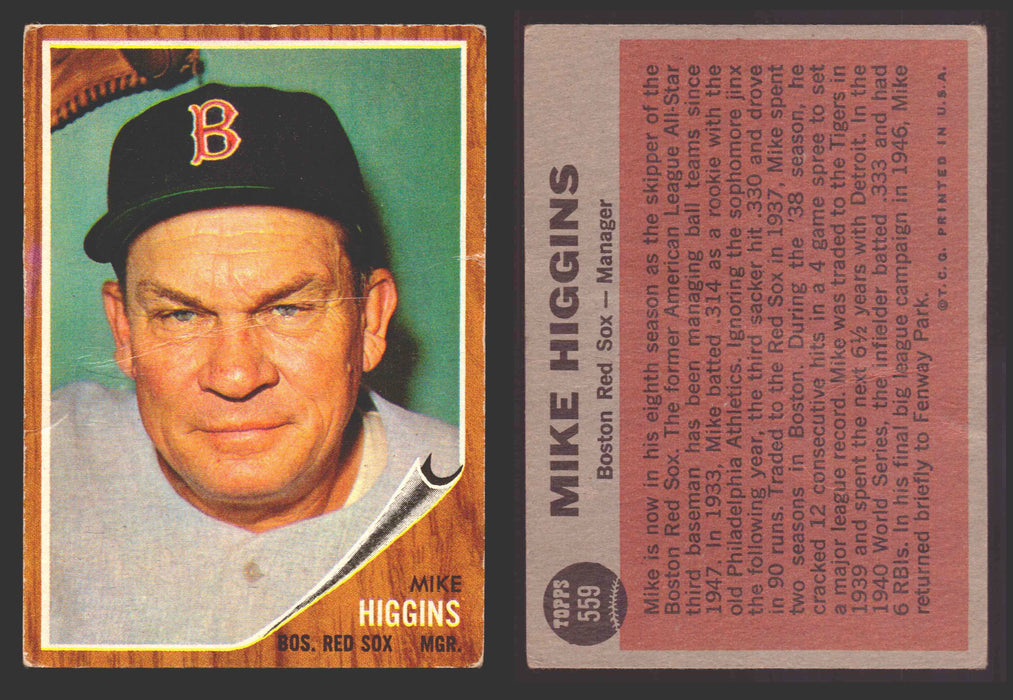 1962 Topps Baseball Trading Card You Pick Singles #500-#598 VG/EX #	559 Mike Higgins - Boston Red Sox (creased)  - TvMovieCards.com