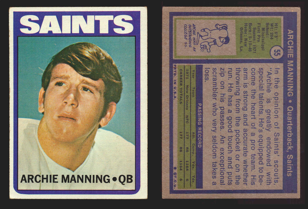 1972 Topps Football Trading Card You Pick Singles #1-#351 G/VG/EX #	55	Archie Manning (R)  - TvMovieCards.com