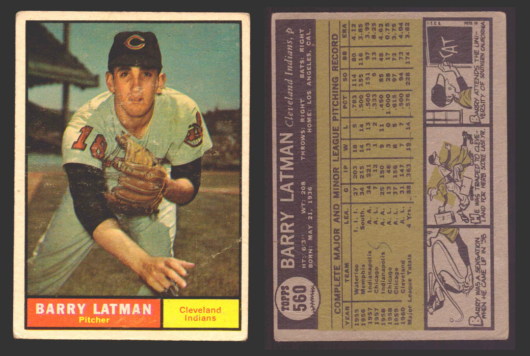 1961 Topps Baseball Trading Card You Pick Singles #500-#589 VG/EX #	560 Barry Latman - Cleveland Indians  - TvMovieCards.com