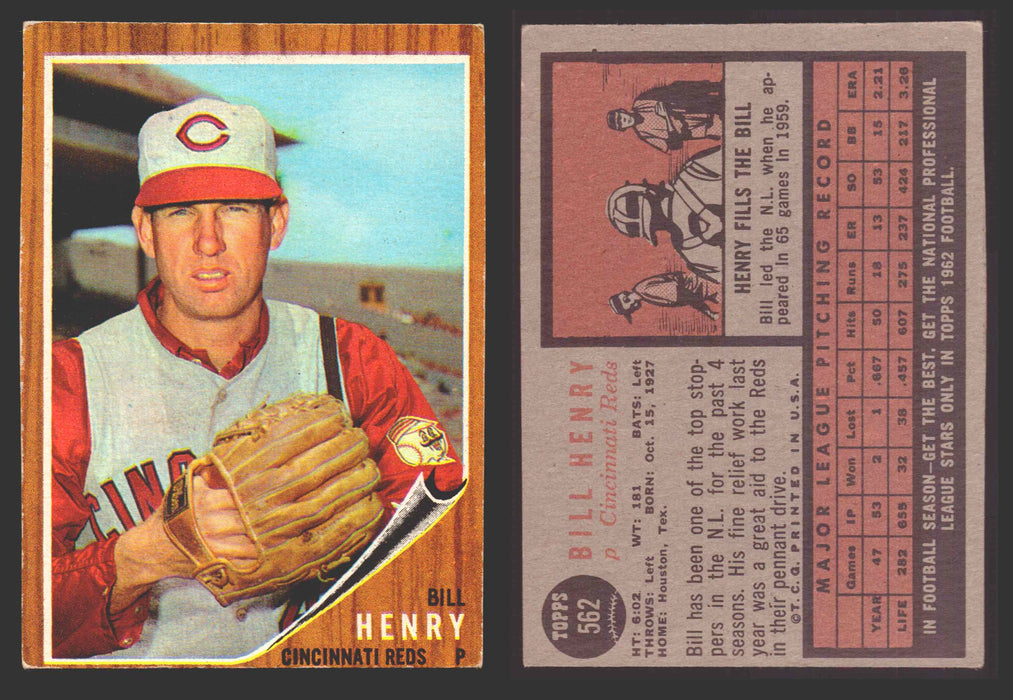 1962 Topps Baseball Trading Card You Pick Singles #500-#598 VG/EX #	562 Bill Henry - Cincinnati Reds  - TvMovieCards.com