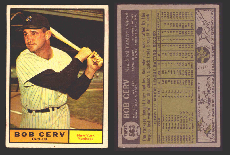 1961 Topps Baseball Trading Card You Pick Singles #500-#589 VG/EX #	563 Bob Cerv - New York Yankees  - TvMovieCards.com