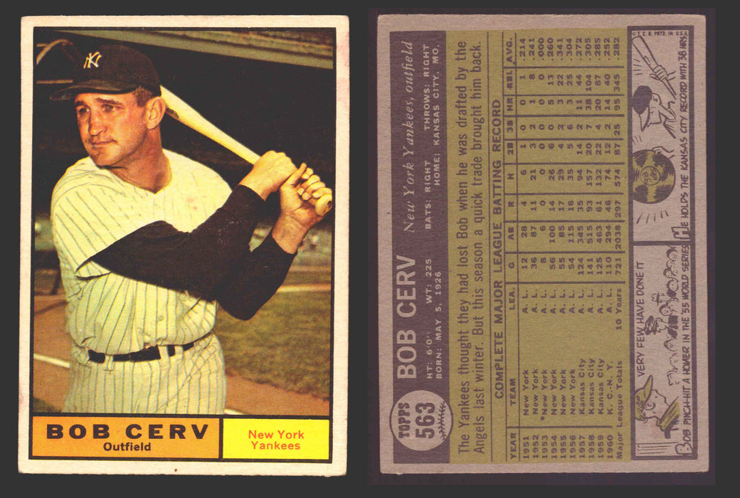 1961 Topps Baseball Trading Card You Pick Singles #500-#589 VG/EX #	563 Bob Cerv - New York Yankees  - TvMovieCards.com