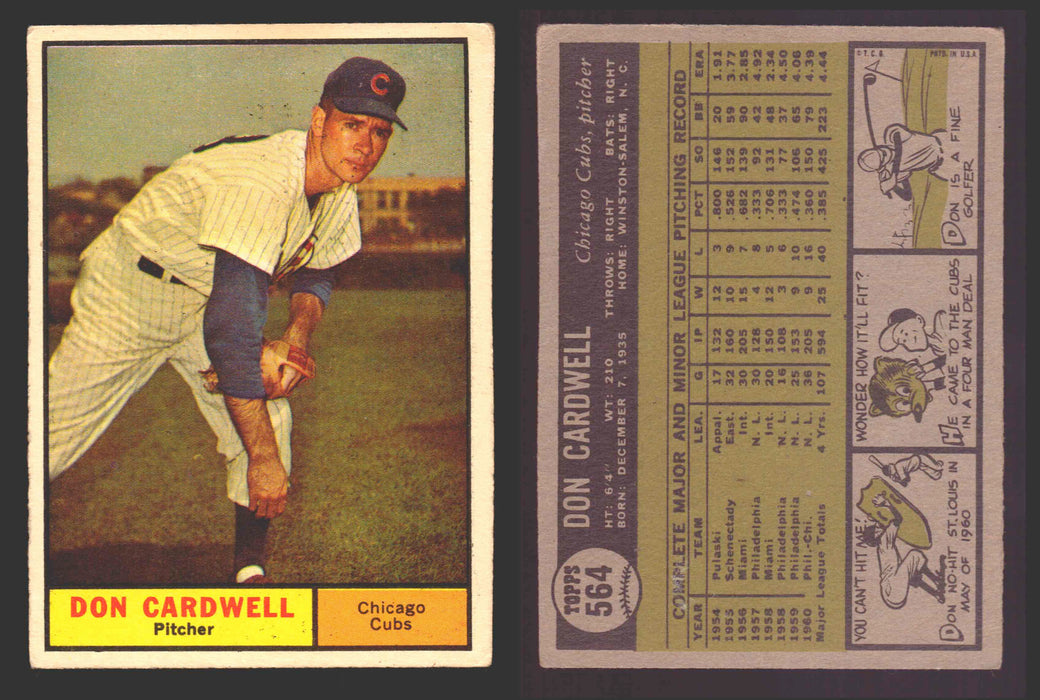 1961 Topps Baseball Trading Card You Pick Singles #500-#589 VG/EX #	564 Don Cardwell - Chicago Cubs  - TvMovieCards.com