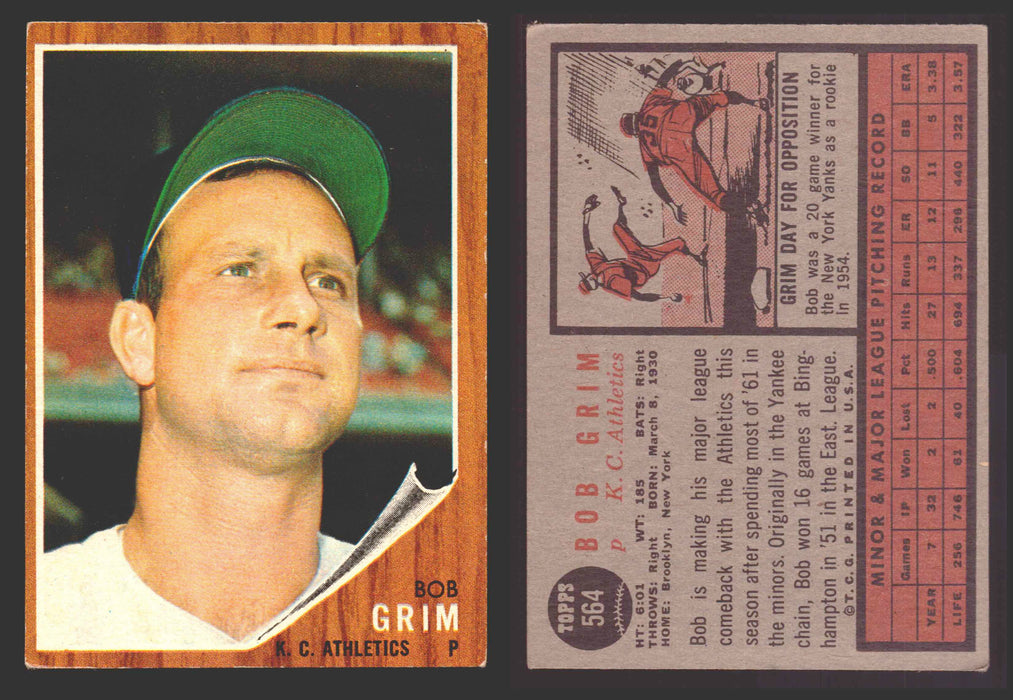 1962 Topps Baseball Trading Card You Pick Singles #500-#598 VG/EX #	564 Bob Grim - Kansas City Athletics  - TvMovieCards.com