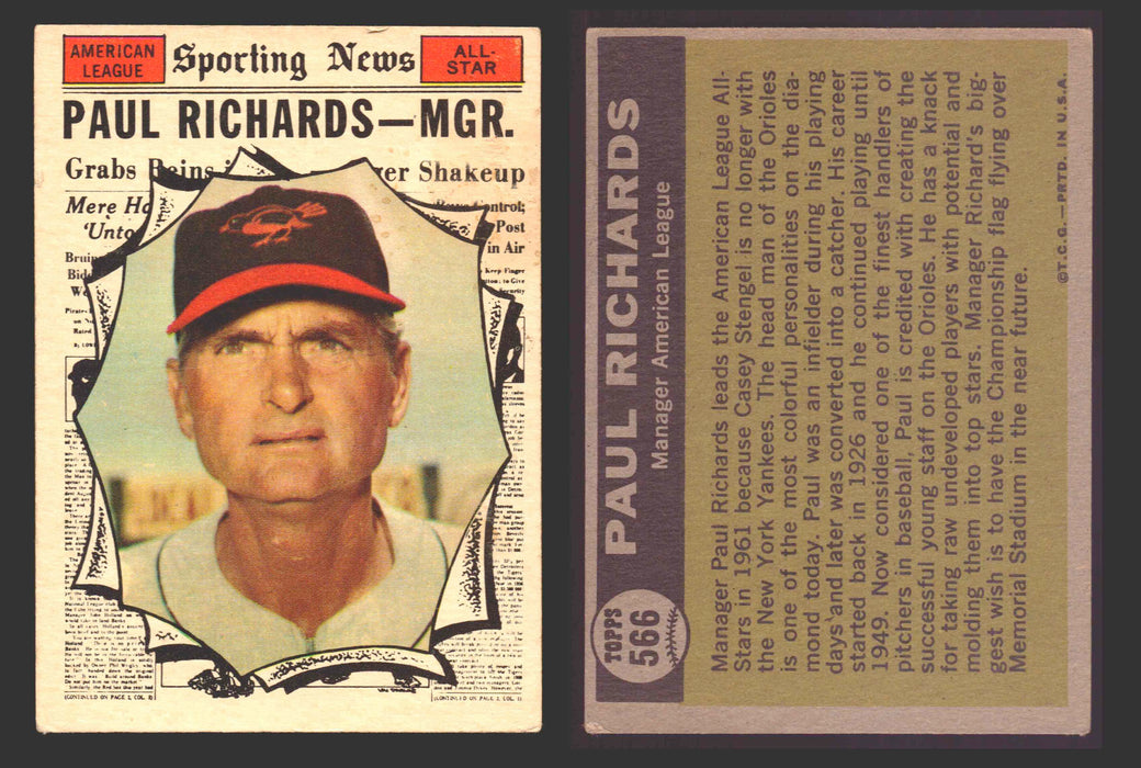 1961 Topps Baseball Trading Card You Pick Singles #500-#589 VG/EX #	566 Paul Richards - Baltimore Orioles AS  - TvMovieCards.com