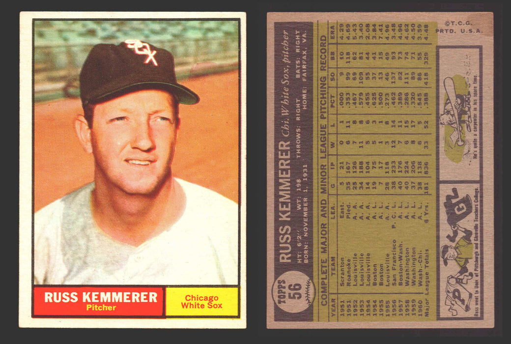 1961 Topps Baseball Trading Card You Pick Singles #1-#99 VG/EX #	56 Russ Kemmerer - Chicago White Sox  - TvMovieCards.com
