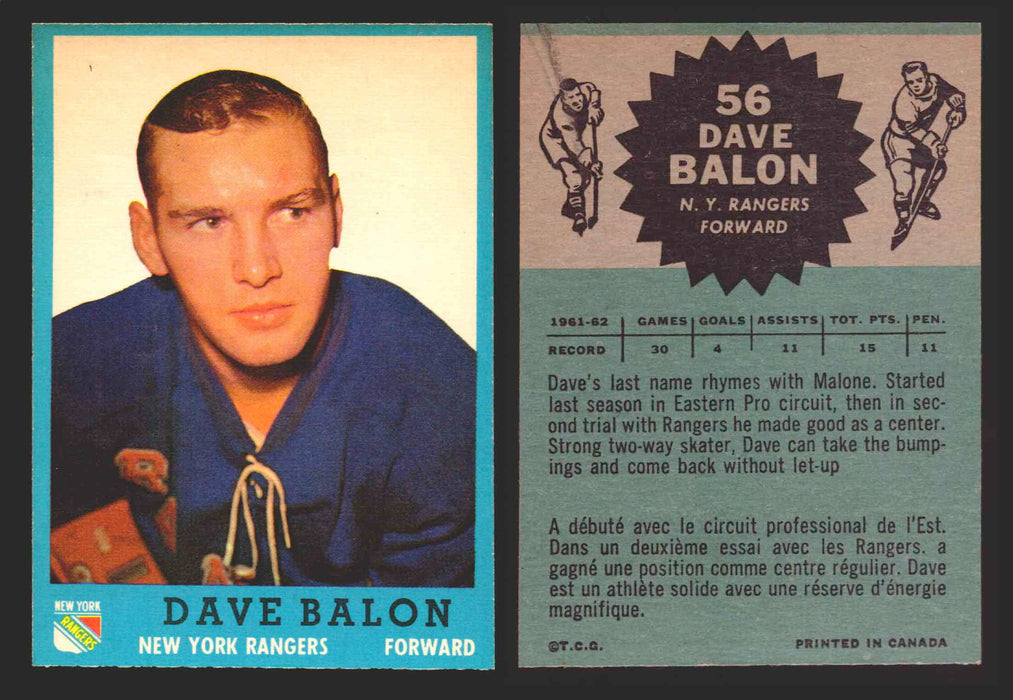 1962-63 Topps Hockey NHL Trading Card You Pick Single Cards #1 - 66 EX/NM #	56 Dave Balon RC  - TvMovieCards.com