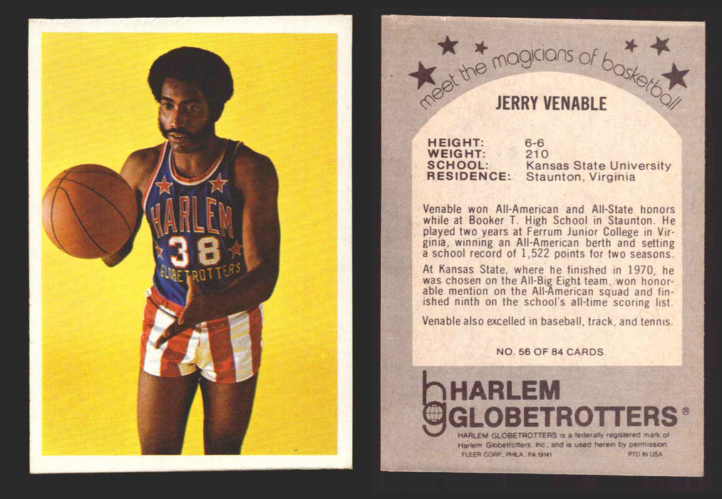 1971 Harlem Globetrotters Fleer Vintage Trading Card You Pick Singles #1-84 56 of 84   Jerry Venable  - TvMovieCards.com
