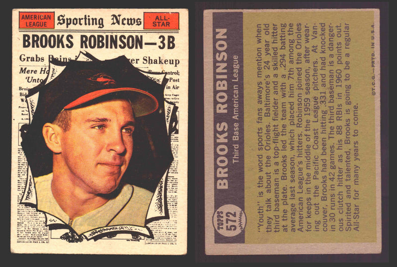 1961 Topps Baseball Trading Card You Pick Singles #500-#589 VG/EX #	572 Brooks Robinson - Baltimore Orioles AS  - TvMovieCards.com
