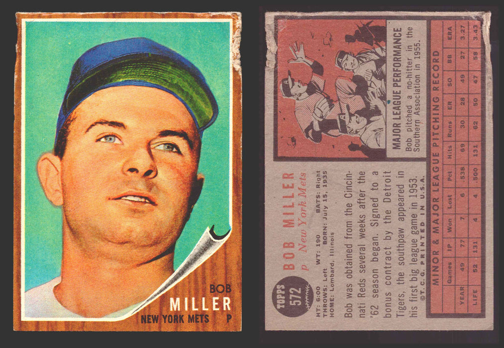 1962 Topps Baseball Trading Card You Pick Singles #500-#598 VG/EX #	572 Bob Miller - New York Mets SP (damaged)  - TvMovieCards.com