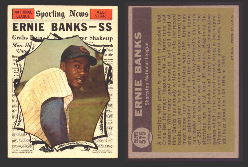 1961 Topps Baseball Trading Card You Pick Singles #500-#589 VG/EX #	575 Ernie Banks - Chicago Cubs AS  - TvMovieCards.com