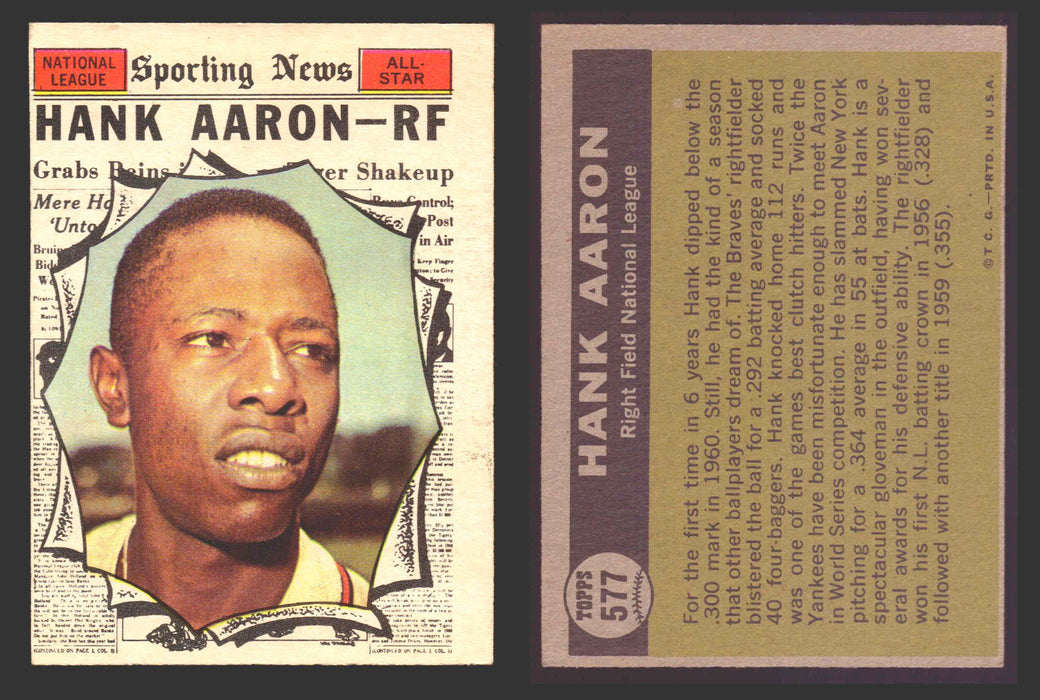 1961 Topps Baseball Trading Card You Pick Singles #500-#589 VG/EX #	577 Hank Aaron - Milwaukee Braves AS  - TvMovieCards.com