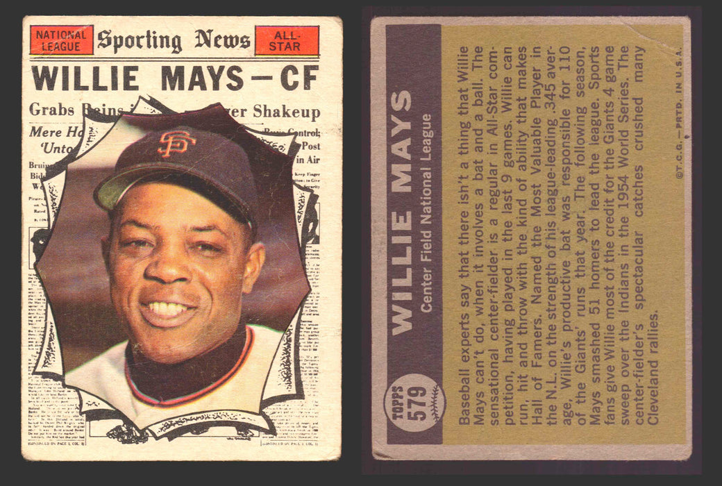 1961 Topps Baseball Trading Card You Pick Singles #500-#589 VG/EX #	579 Willie Mays - San Francisco Giants AS  (creased)  - TvMovieCards.com