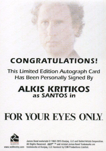 James Bond Archives 2015 Edition Alkis Kritikos Autograph Card   - TvMovieCards.com