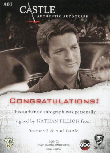 Castle Seasons 3 & 4 Nathan Fillion Autograph Card A01   - TvMovieCards.com