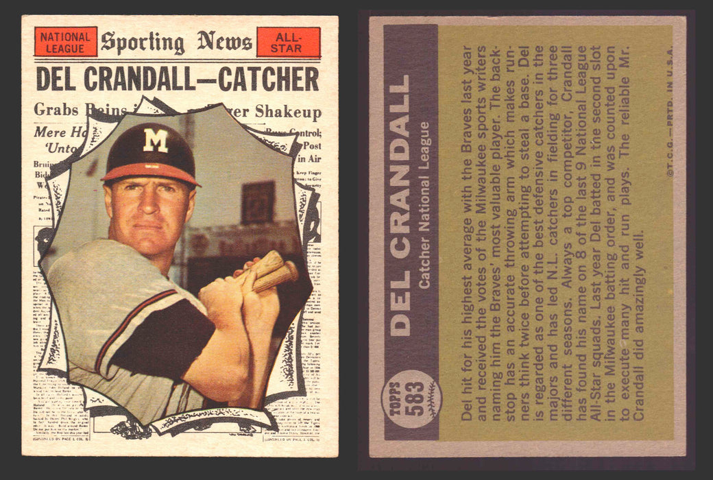 1961 Topps Baseball Trading Card You Pick Singles #500-#589 VG/EX #	583 Del Crandall - Milwaukee Braves AS  - TvMovieCards.com