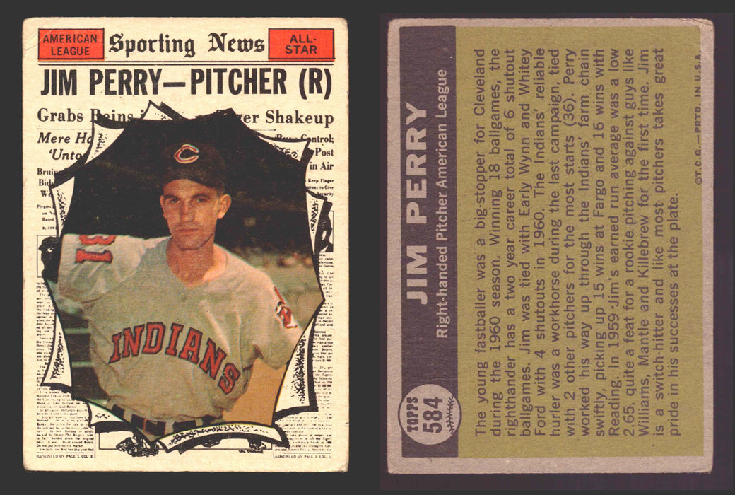 1961 Topps Baseball Trading Card You Pick Singles #500-#589 VG/EX #	584 Jim Perry - Cleveland Indians AS  (creased)  - TvMovieCards.com