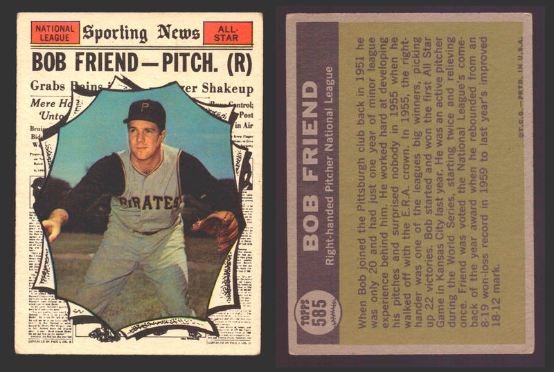 1961 Topps Baseball Trading Card You Pick Singles #500-#589 VG/EX #	585 Bob Friend - Pittsburgh Pirates AS  (creased)  - TvMovieCards.com