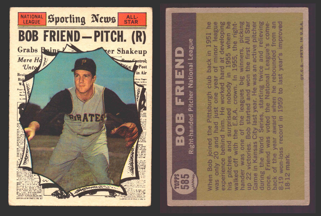 1961 Topps Baseball Trading Card You Pick Singles #500-#589 VG/EX #	585 Bob Friend - Pittsburgh Pirates AS  (creased)  - TvMovieCards.com