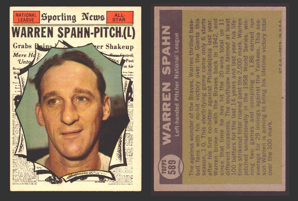 1961 Topps Baseball Trading Card You Pick Singles #500-#589 VG/EX #	589 Warren Spahn - Milwaukee Braves AS  - TvMovieCards.com