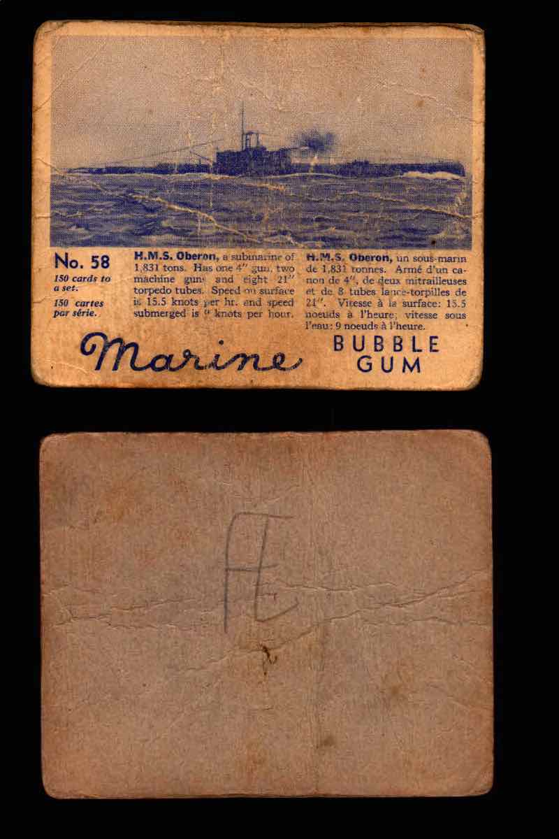 1944 Marine Bubble Gum World Wide V403-1 Vintage Trading Card #1-120 Singles #58 H.M.S. Oberon  - TvMovieCards.com