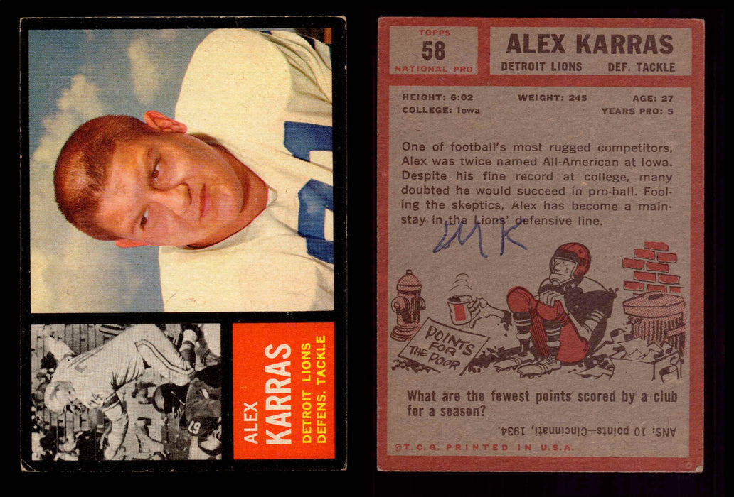 1962 Topps Football Trading Card You Pick Singles #1-#176 VG #	58	Alex Karras (HOF)(writing on back)  - TvMovieCards.com