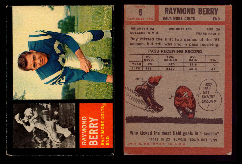 1962 Topps Football Trading Card You Pick Singles #1-#176 VG #	5	Raymond Berry (HOF) SP  - TvMovieCards.com
