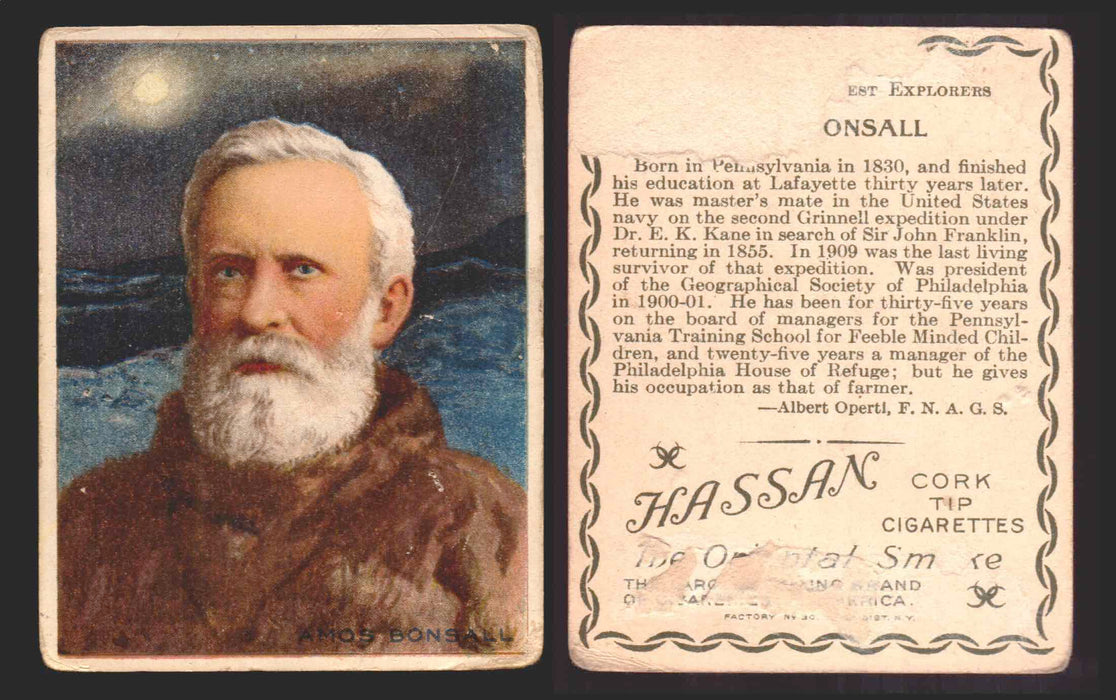 1910 T118 Hassan Cigarettes World's Greatest Explorers Trading Cards Singles #5 Amos Bonsall  - TvMovieCards.com