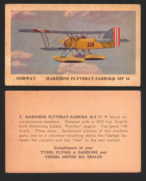 1940 Tydol Aeroplanes Flying A Gasoline You Pick Single Trading Card #1-40 #	5	Marinens Flyvebat-Fabrikk M.F.11  - TvMovieCards.com