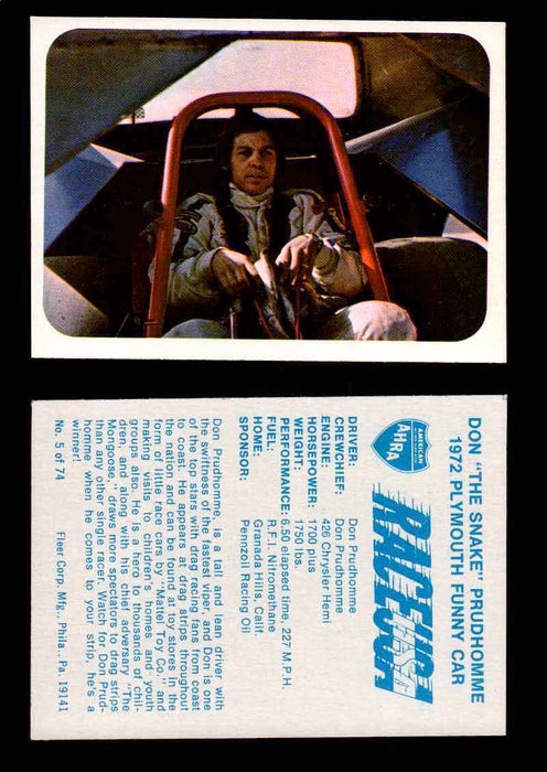 Race USA AHRA Drag Champs 1973 Fleer Vintage Trading Cards You Pick Singles 5 of 74    Don "The Snake" Prudhomme  - TvMovieCards.com