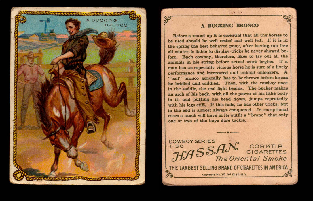 1909 T53 Hassan Cigarettes Cowboy Series #1-50 Trading Cards Singles #5 A Bucking Bronco  - TvMovieCards.com